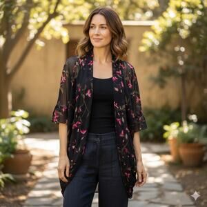 CITRON Santa Monica Black Floral Sheer Cocoon drape Blouse size Small